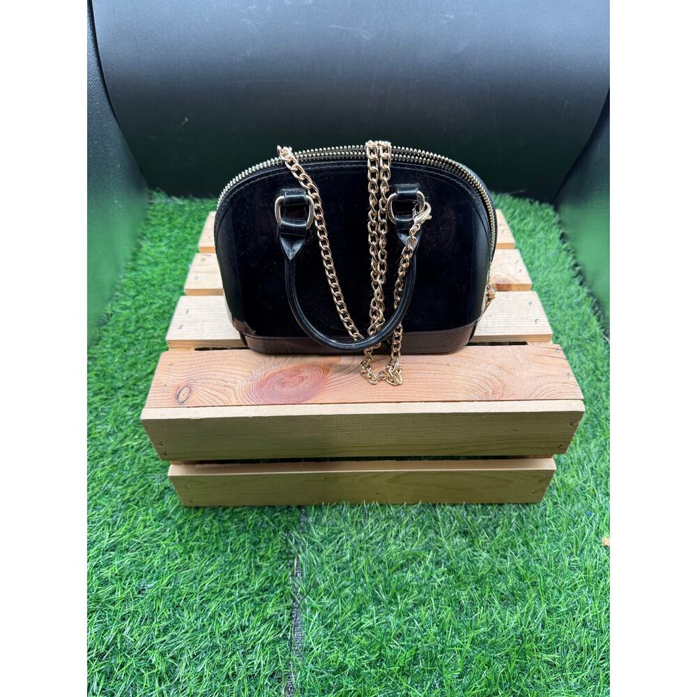 Deluxity Small Shiny Black Evening Bag with Golden Chain Strap
